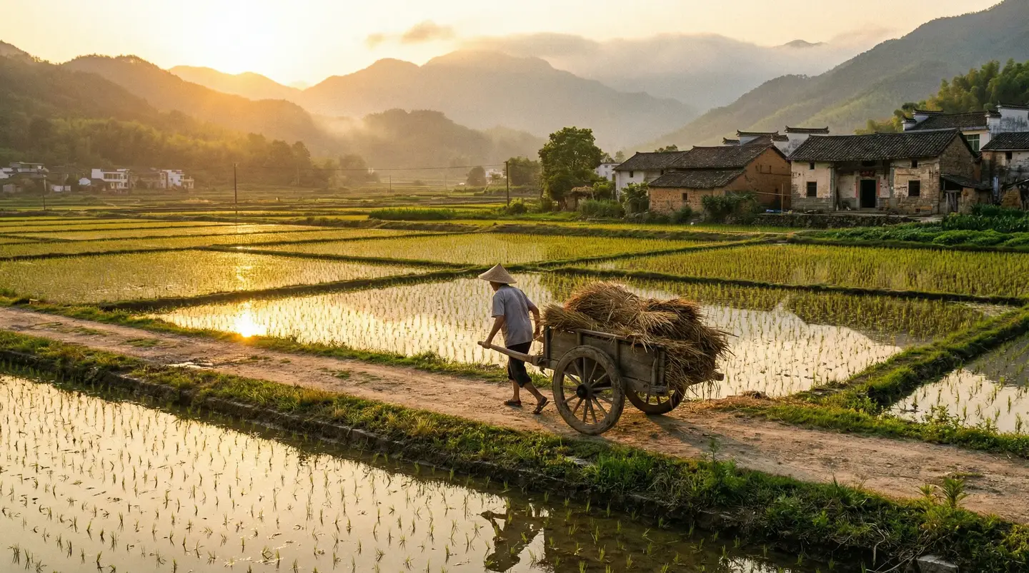 英语老师的那儿又大又好吃 - 金色夕阳下的乡村田野，老农推着木车行走在田埂上