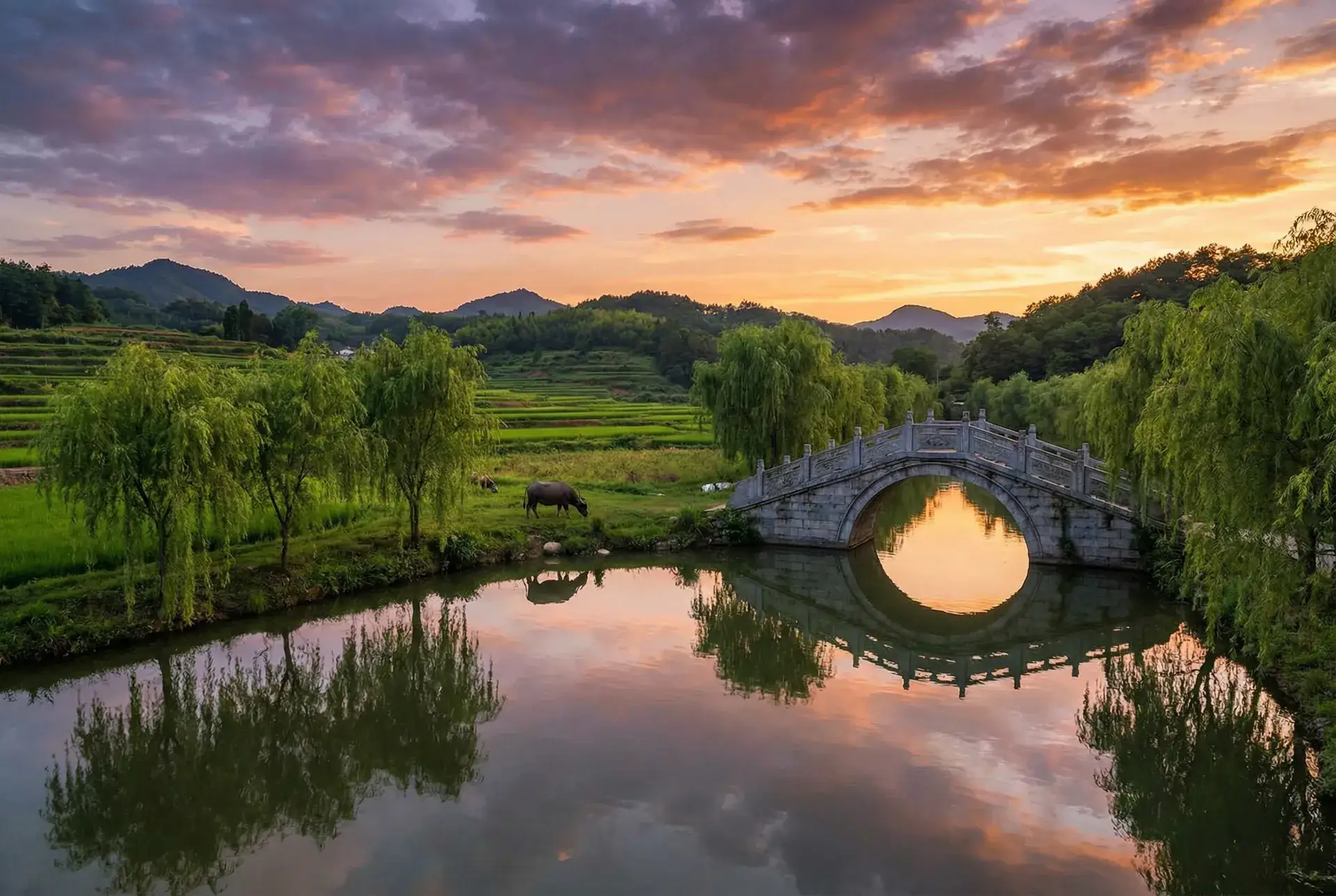 夕阳下的石拱桥与垂柳，水牛在河边吃草 - 英语老师的那儿又大又好吃 乡村美景